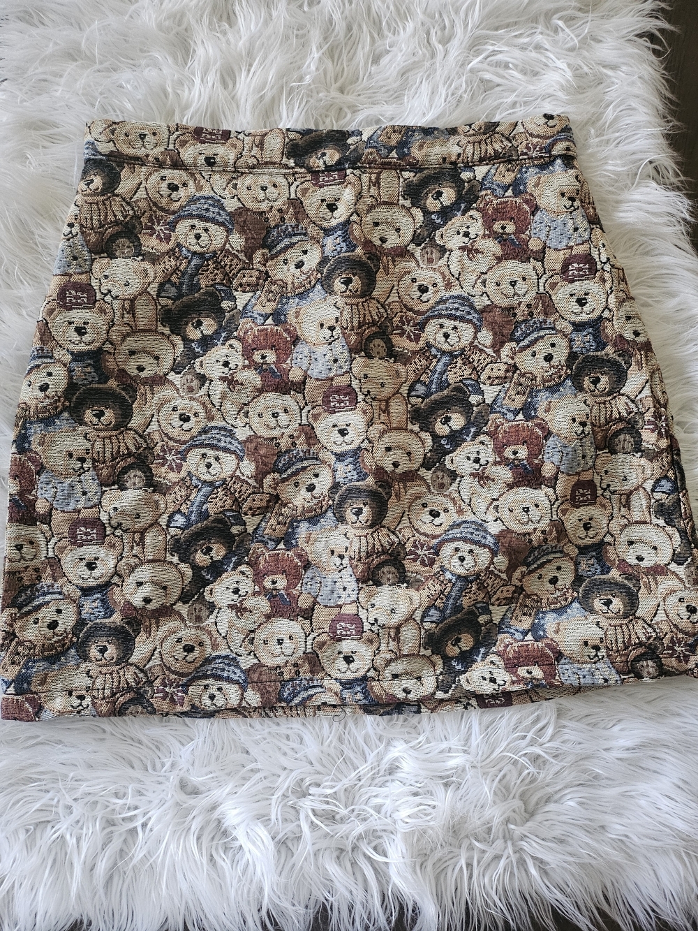 Cider Teddy Bear Tapestry Mini Skirt - Beige, Brown, Blue